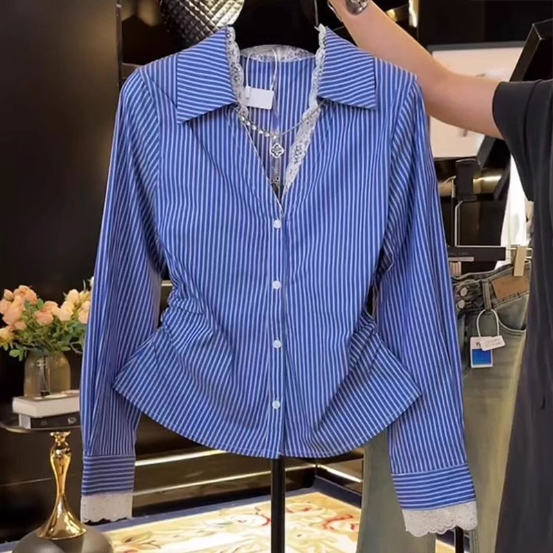 Polo Shirt Slim - エレガントなレースのパッチワークプリーツスリムブラウス春秋ポロネックストライプ気質シャツトップスファッショントレンド女性服