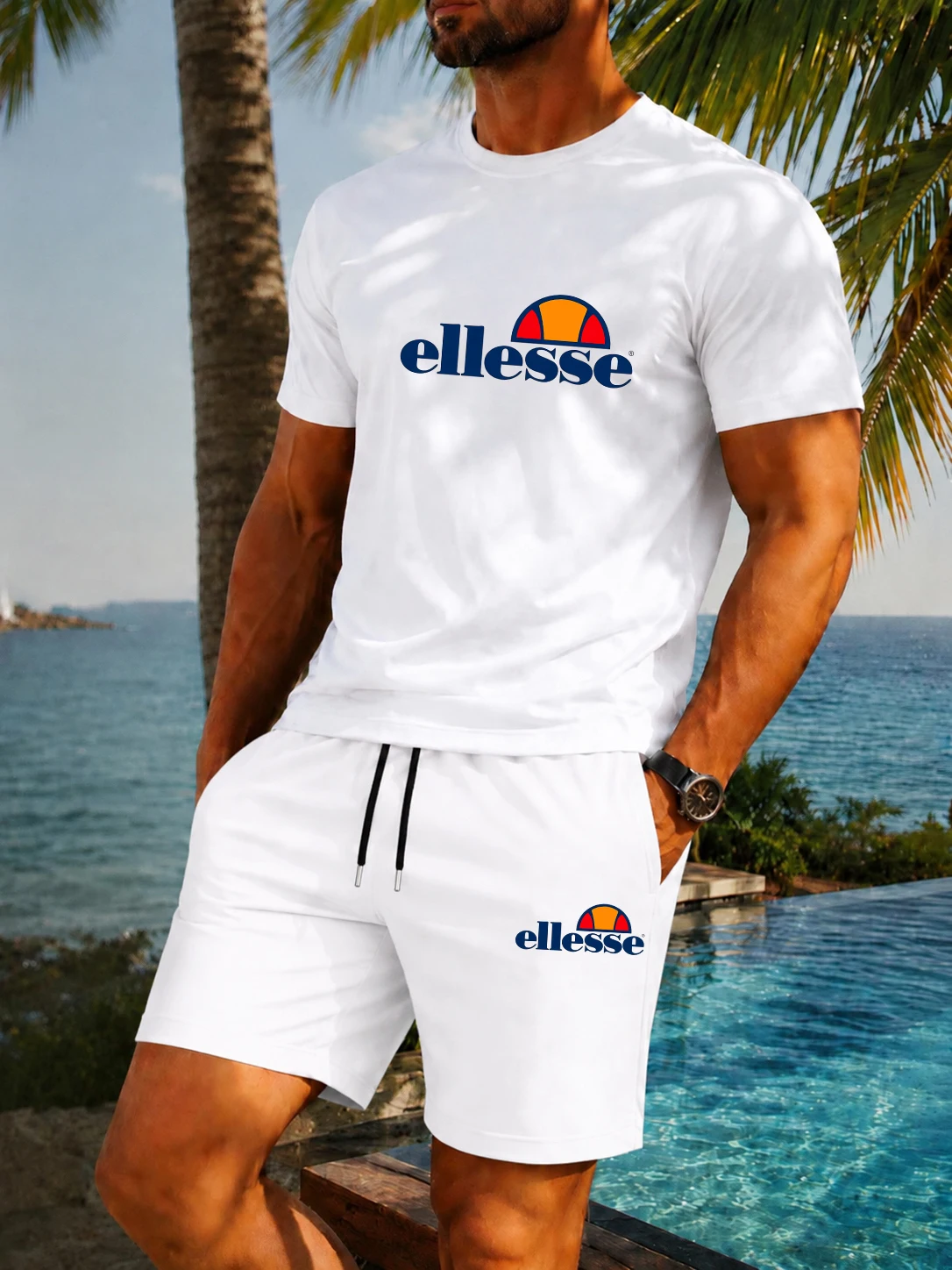 Mens Fashion Wear - 新作夏物カジュアル＆ファッショナブルなメンズクラシックラウンドネック通気性Tシャツとショートパンツのアウトドアフィットネス2点セット