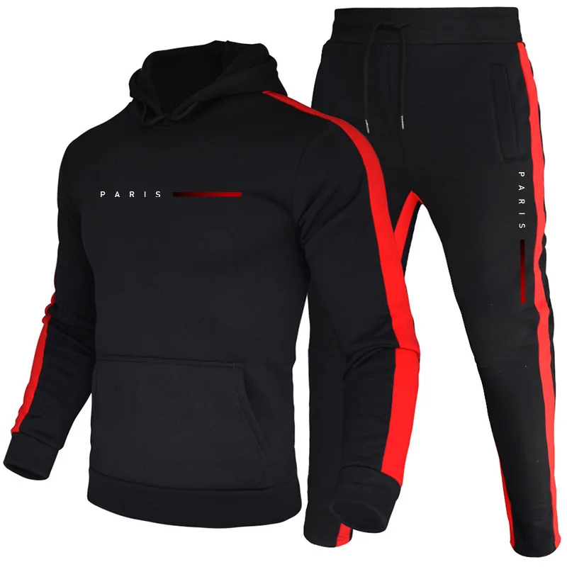 Paris Men'S Fashion - パリファッションメンズパーカーセットデイリーカジュアルスポーツフード付きスウェットシャツとジョガーパンツ男性トレンドピュアカラープルオーバートラックスーツ