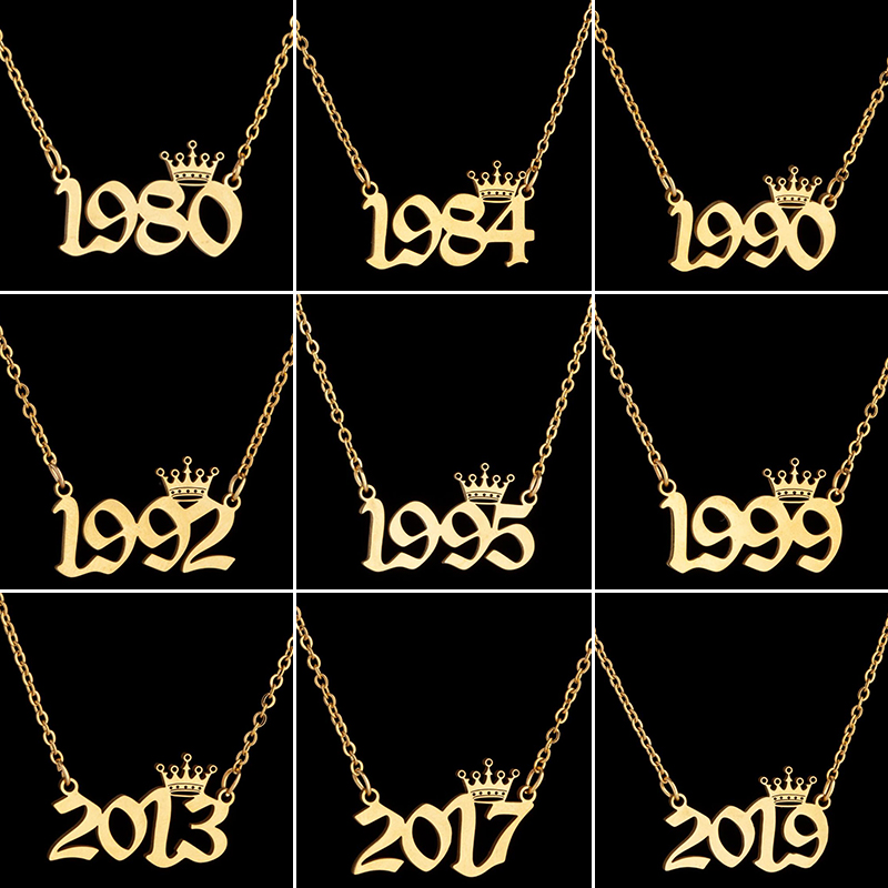 Men'S Fashion Year 2000 - ステンレス鋼クラウン年番号ネックレス女性男性誕生特別な日付 1985 1990 1996 2000 誕生日ギフト