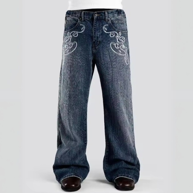 Men'S Fashion Y2K - レトロY2K 2点セット ストリートスタイルスーツ ストライプ襟ポロジャージートップ 刺繍入りブーツカットデニムパンツ ユニセックスカジュアルストリートウェア