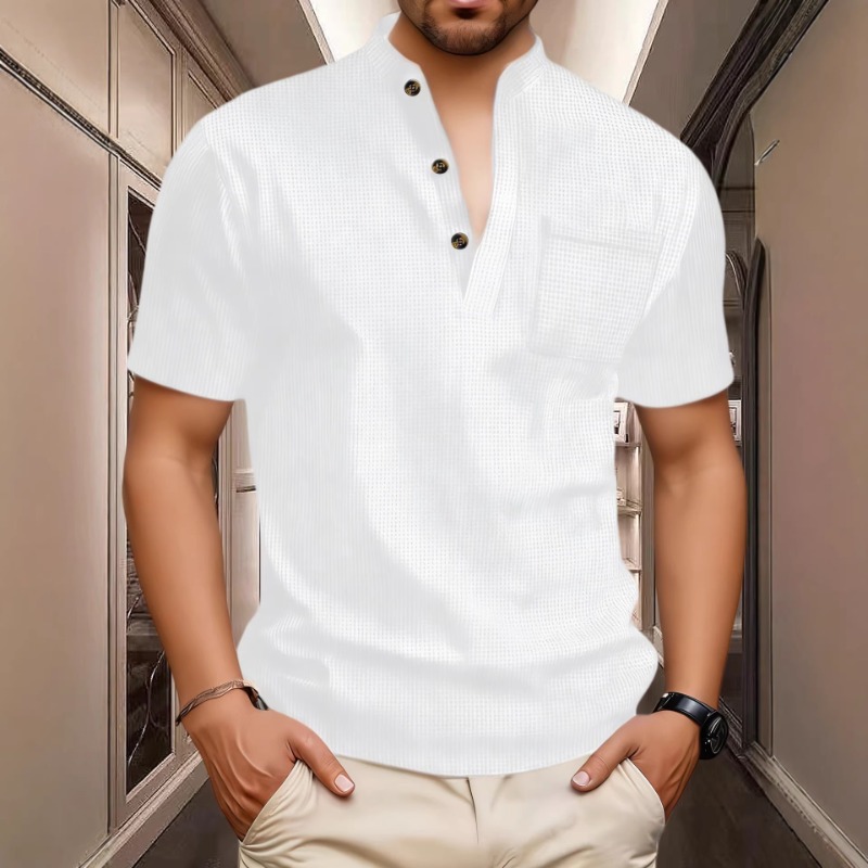 Mens Fashion Wear - メンズサマーカジュアルヘンリーネック半袖Tシャツ、通気性のあるポケット付きファッションTシャツ、普段着や通勤に最適