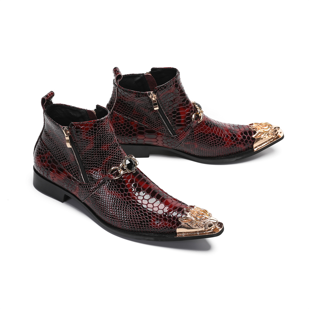 Mens Fashion Dress Shoes - メンズファッションメタルポインテッドトゥ本革アンクルブーツ、ジッパー付きバイク用ショートブーツ、男性用クラブパーティードレスシューズ、プラスサイズ