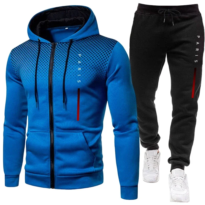Paris Men'S Fashion - 秋冬デイリーカジュアルスポーツフーディーセット アウトドアフィットネススポーツウェア パリファッション メンズセット ジッパーアウターウェアとスウェットパンツ