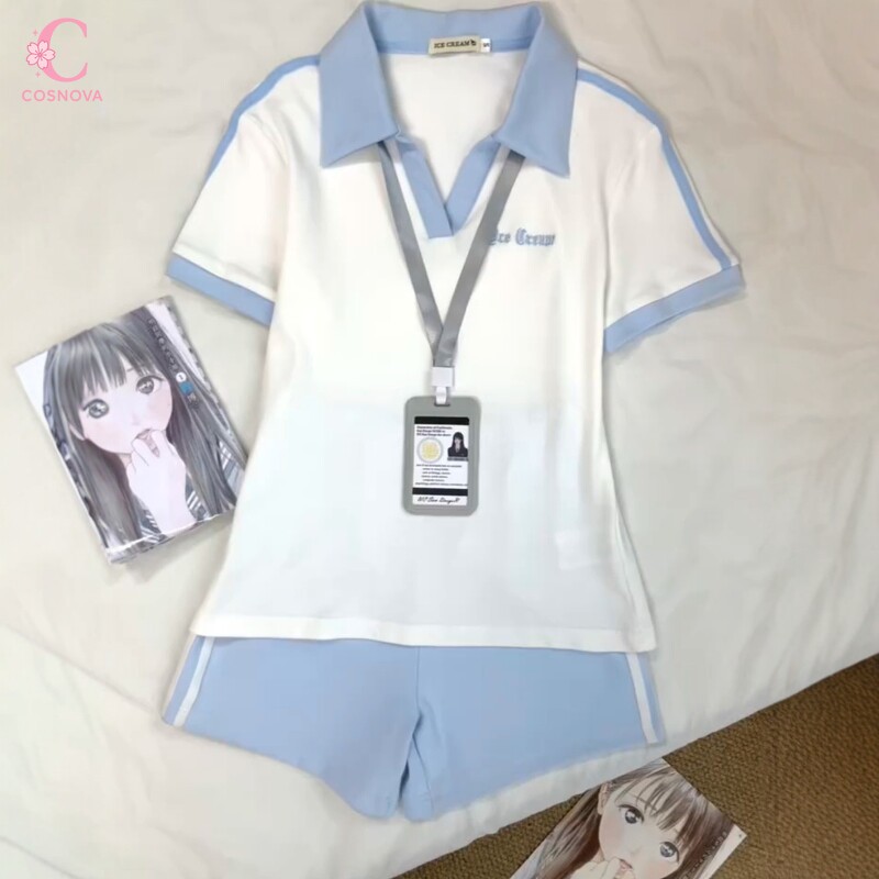 Polo Shirt Slim - 和菓子アカデミースタイルポロシャツ女性ライトブルー白コントラストトリムショーツセットかわいい原宿 Y2K 衣装シックレトロ