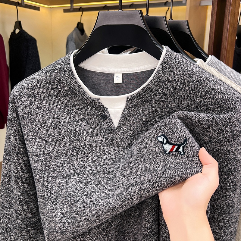 Fashion Mens Shirt - ファッショントレンド無地メンズフェイクツーピースTシャツ秋冬快適長袖プルオーバートップスビジネスメンズウェア