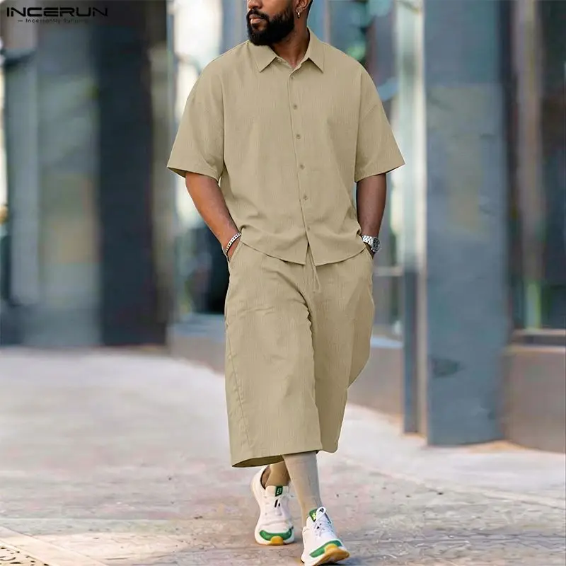 Mens Fashion Casual 2026 - INCERUN メンズセットソリッドラペル半袖シャツパンツツーピースセットストリートルーズ 2026 夏のファッション男性マッチングセット