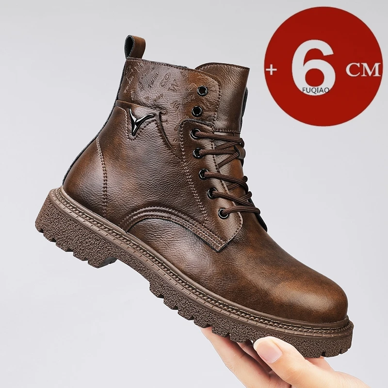Fashion Men'S Boots - 6cm身長アップ効果のあるメンズブーツ、レザー製、アウトドア、秋冬用シューズ、暖かい、滑り止め、快適なエレベーターアンクルブーツ