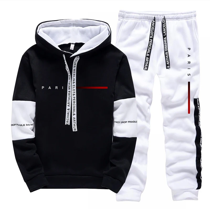 Paris Men'S Fashion - パリファッションパーカーストリートウェアメンズセットフード付きスウェットシャツスウェットパンツ男性オールシーズンデイリーカジュアルスポーツプルオーバージョガーパンツ