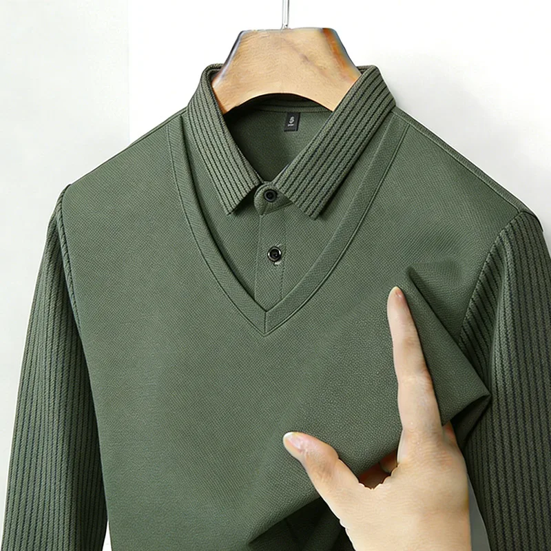 Mens Fashion Wear - メンズフェイクツーピースシャツ襟 V ネック長袖トップカーキストライプカジュアルファッション柔らかい生地日常着ブラウス