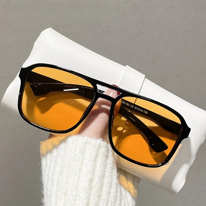 Yellow Men'S Fashion - スクエアダブルブリッジサングラス女性レトロシェード UV400 トレンドオレンジイエローサングラス女性ファッション男性眼鏡