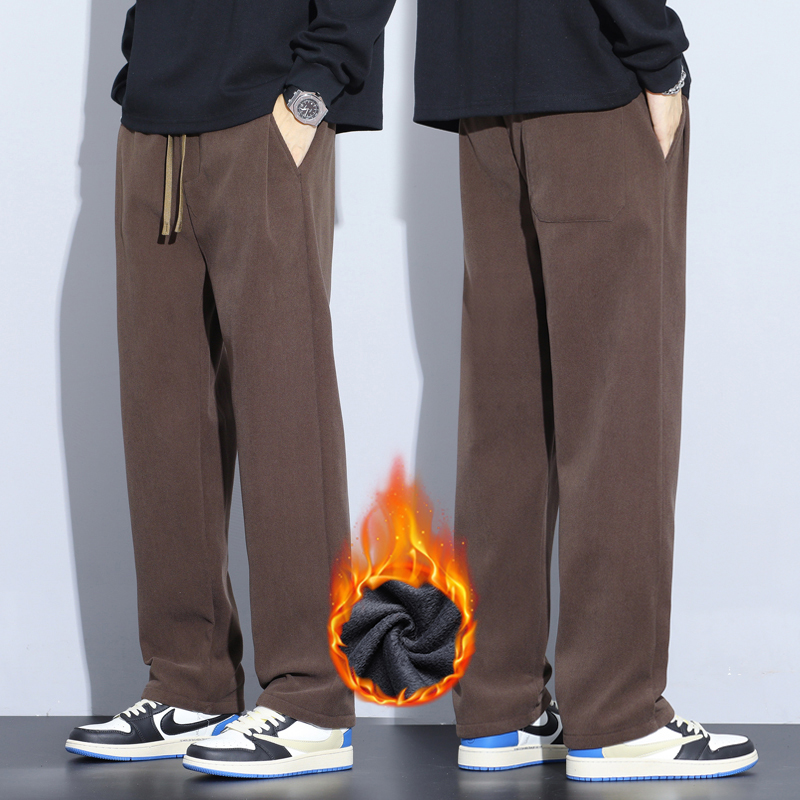 Men'S Fashion Khaki Pants - コーヒーカーキ黒グレールーズカジュアルパンツ男性冬フリース熱ファッションズボン厚いベルベットストレートワイドレッグスウェットパンツ