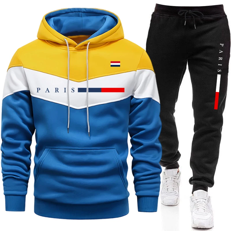 Paris Men'S Fashion - 都会的なカジュアルファッション、パリプリントのプルオーバーフーディースポーツウェア、2026年ホットセール、メンズセット、フード付きスウェットシャツとジョガーパンツ