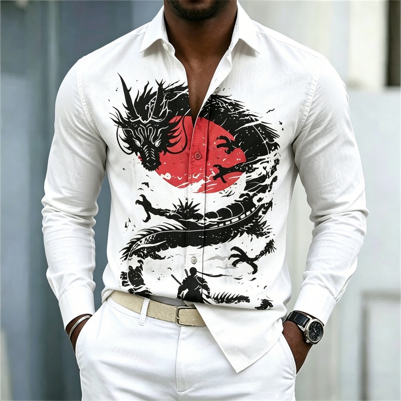 Fashion Mens Shirt - 2026年新作 メンズシャツ 白黒赤のコントラスト ドラゴン柄シャツ ストリートスタイル ファッション