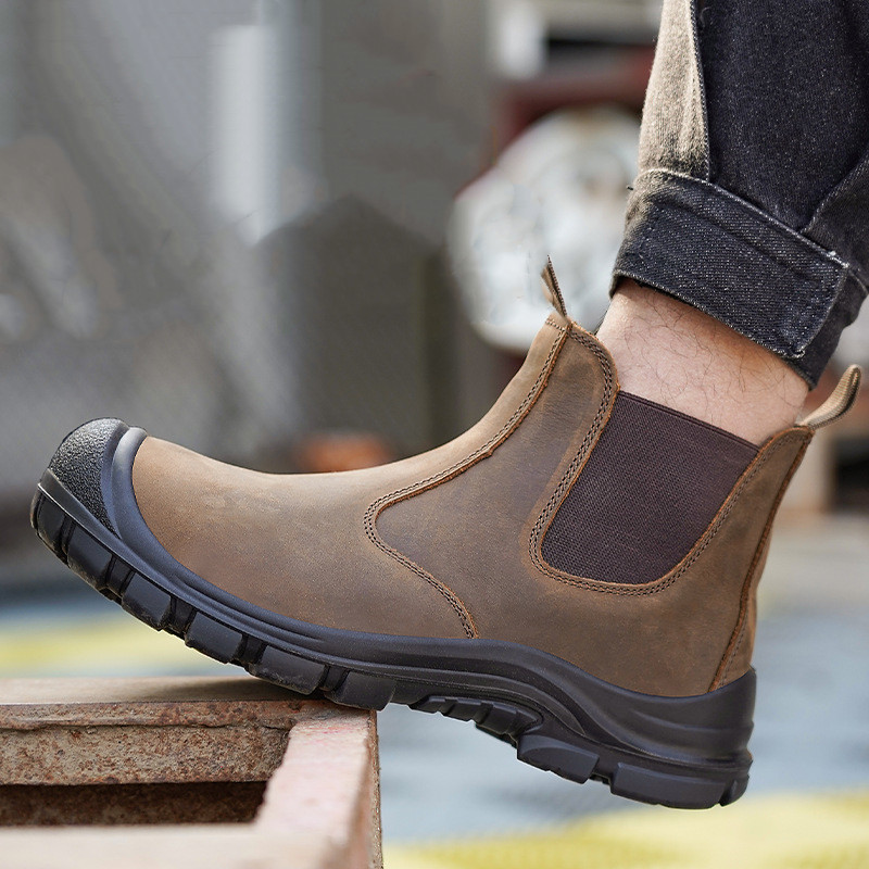 Fashion Men'S Boots - 大きいサイズのメンズファッション、スチールトゥカバー付きワークブーツ、牛革安全靴、黒と茶色の作業用チェルシーブーツ、保護靴