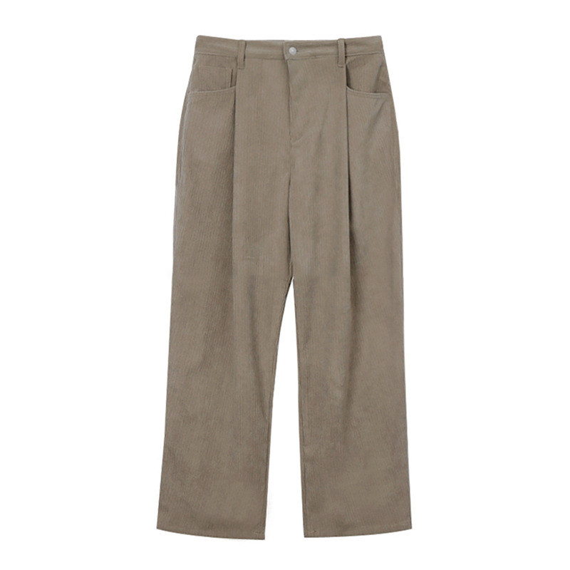 Men'S Fashion Khaki Pants - 春のメンズダークカーキ無地ルーズカジュアルトレンディシンプルベーシックワイドレッグストレートコーデュロイパンツ男性新しいファッションパンツ