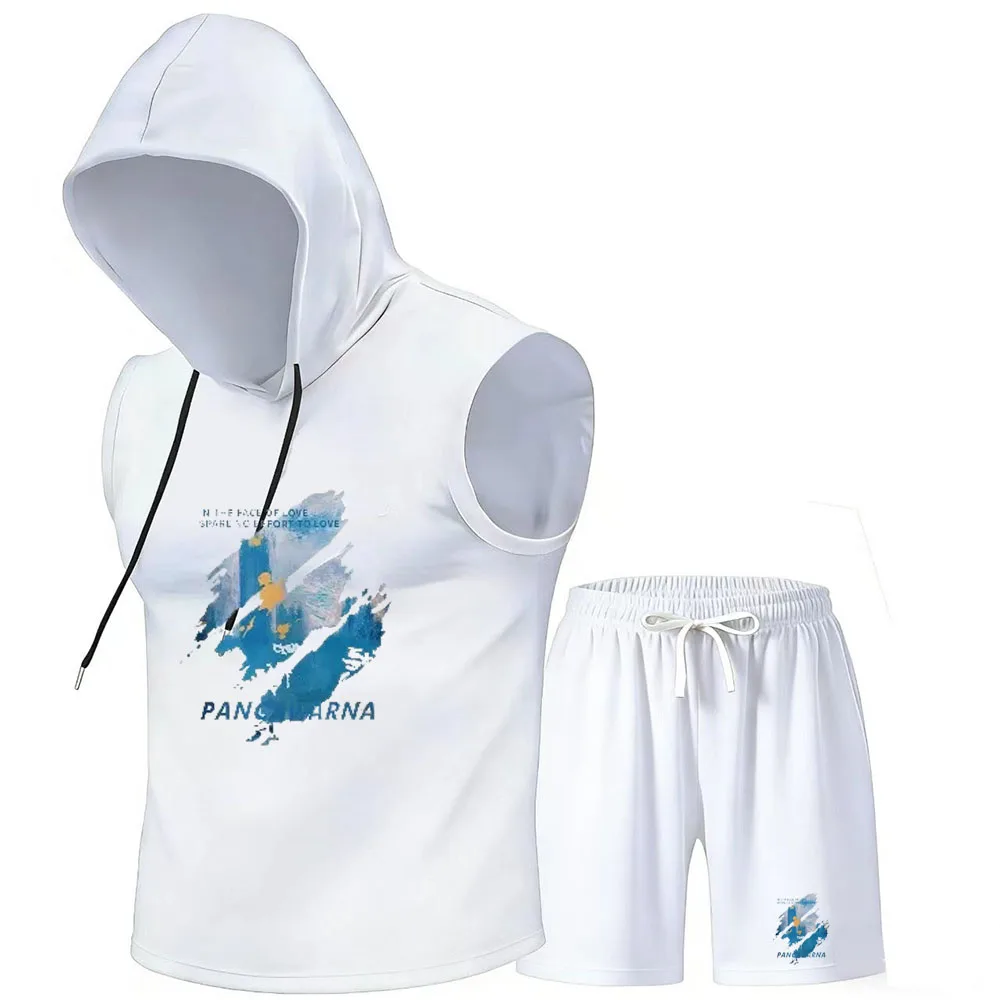 Mens Fashion Casual 2026 - 2026年メンズフード付きトップス+ショートパンツ夏新作ルーズラウンドネックトレンドセット、カジュアルで快適、若々しくファッショナブルなプリント