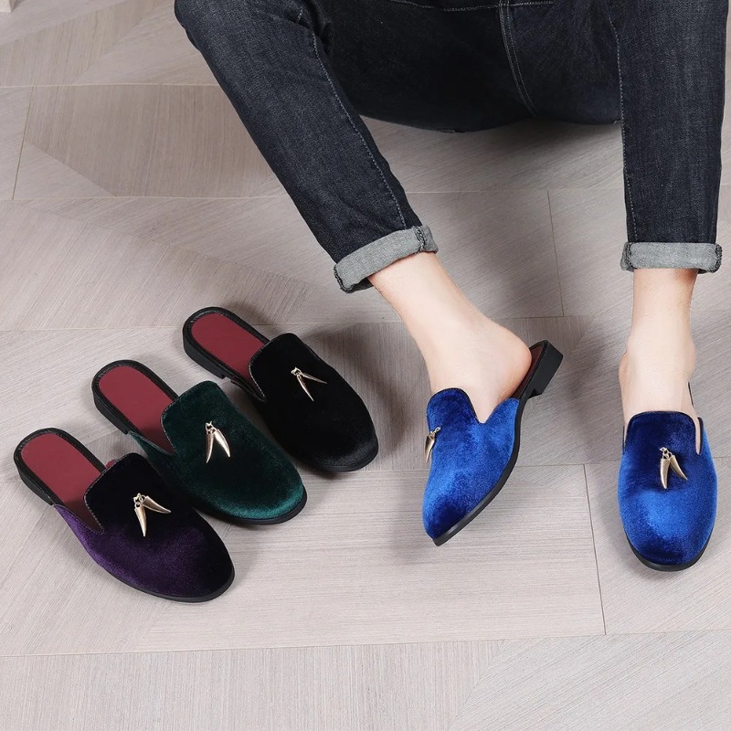 Men'S Fashion Loafers Shoes - メンズミュールシューズ、男性用フロックスリッパ、夏用フォーマルローファー、メタリック装飾のファッショナブルなミュールシューズ