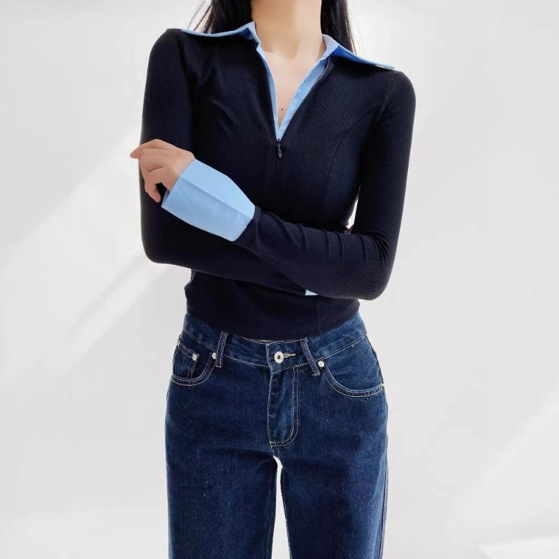 Polo Shirt Slim - ポロネック偽 2 コントラストパッチワークオフィスシャツトップス春秋長袖エレガントなブラウスファッション韓国女性服