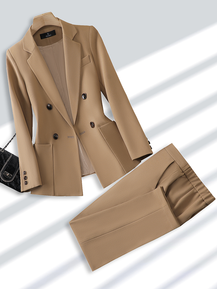 Men'S Fashion Khaki Pants - 女性のためのブレザーとズボンのスーツ、オフィス、ビジネス、仕事のためのフォーマルなパンツスーツ、女性のファッション、ベージュ、黒、カーキ、ポケット付き2ピースセット