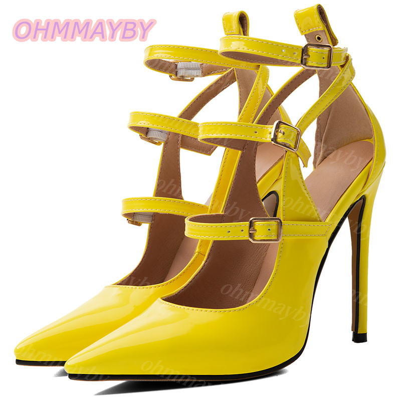 Yellow Men'S Fashion - 女性用ホロースティレットパンプス、イエローパテントレザー、ポインテッドトゥ、マルチバックルアンクルストラップ、イブニングドレス、パーティー、ファッショナブルなヒールパンプス