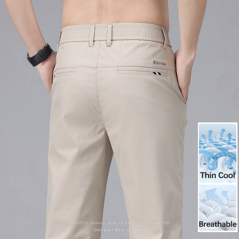Men'S Fashion Khaki Pants - 夏薄型メンズカジュアルパンツファッション通気性弾性ウエストストレートビジネスワークソリッドカラーパンツブラックグレーカーキ