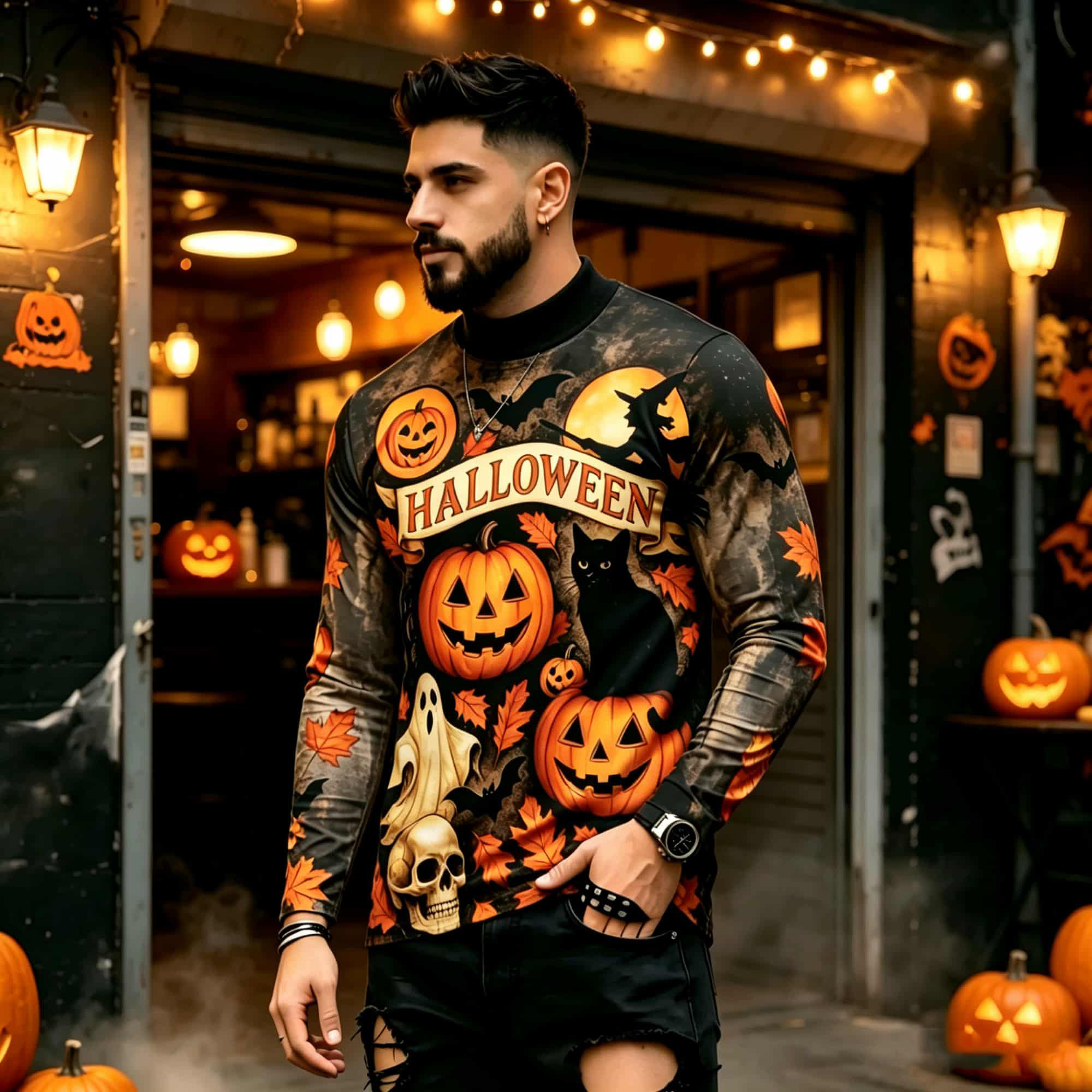 Fashion Mens Shirt - カジュアルファッションストリートスタイル ハロウィンプリント 長袖Tシャツ パンプキンゴースト黒猫柄 トレンディで多用途なメンズトップス