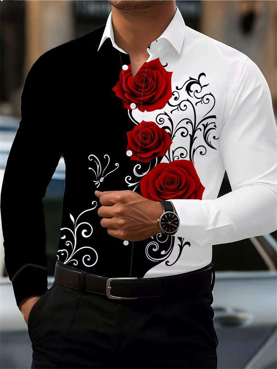 Fashion Mens Shirt - メンズ レッドローズプリント 長袖シャツ、ファッショナブルでカジュアル