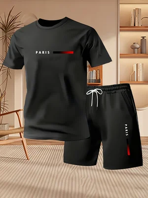 Paris Men'S Fashion - 2026年新作ファッショナブルなシンプルなパリ風レタープリントメンズ半袖Tシャツ+ショートパンツスポーツウェア夏カジュアルルーズ2点セット