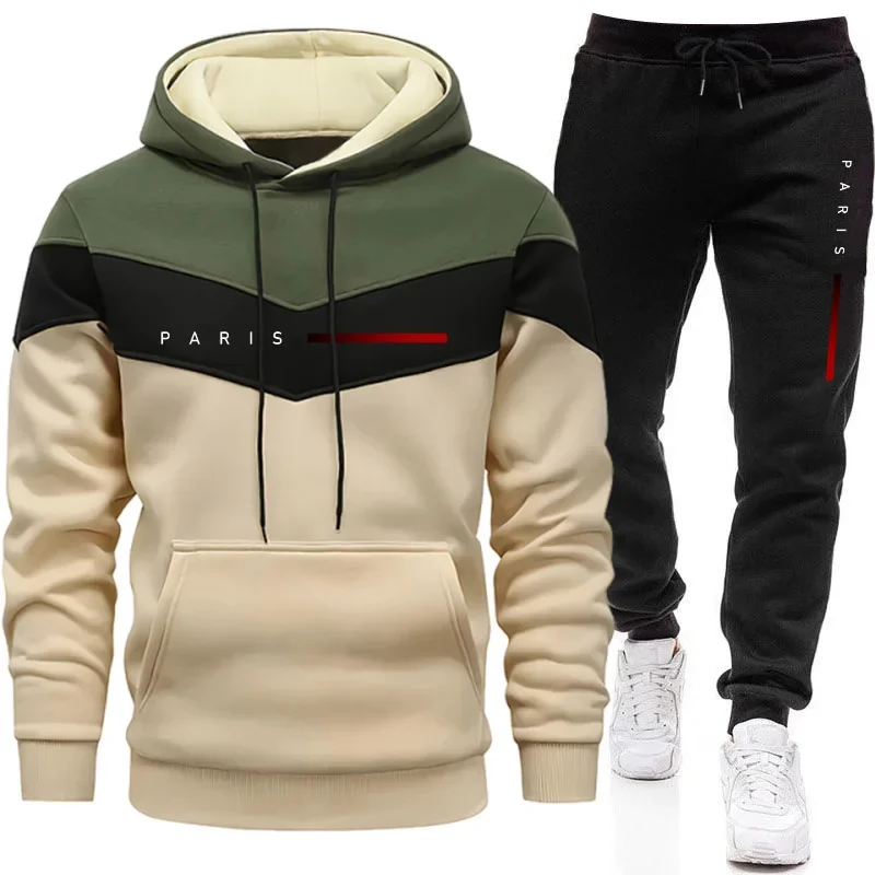 Paris Men'S Fashion - パリファッションメンズフーディセットデイリーカジュアルスポーツフード付きスウェットシャツとジョガーパンツ男性用アーバントレンドウォームプルオーバートラックスーツ