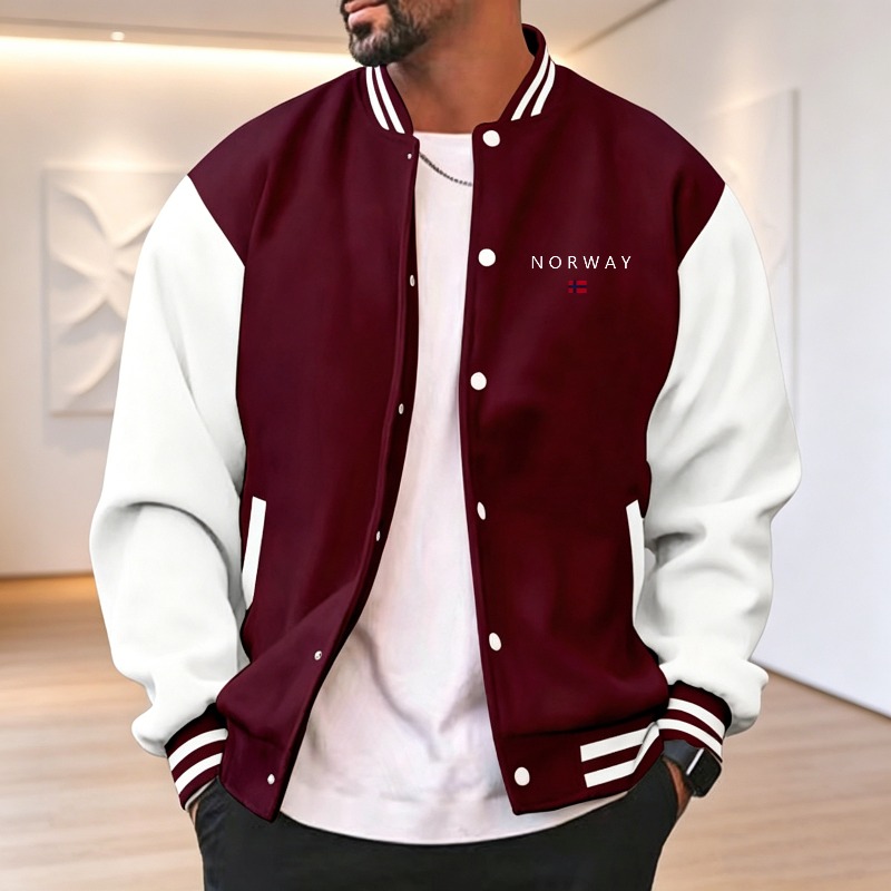 Varsity Jacket Letterman - メンズワインレッドホワイトカラーブロックバーシティジャケットストライプリブ襟ボタンダウンノルウェーレターフラッグプリントルーズフィット野球ジャケット