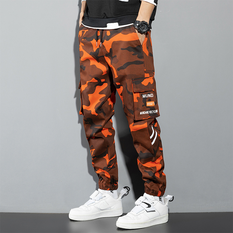 Mens Fashion Camo Pants - 男性用オレンジ色のカーゴパンツ、ヒップホップジョガー、y2kストリートウェア、カジュアルグリーンパンツ、カモコットン、カモフラージュ、韓国ファッション、レイ