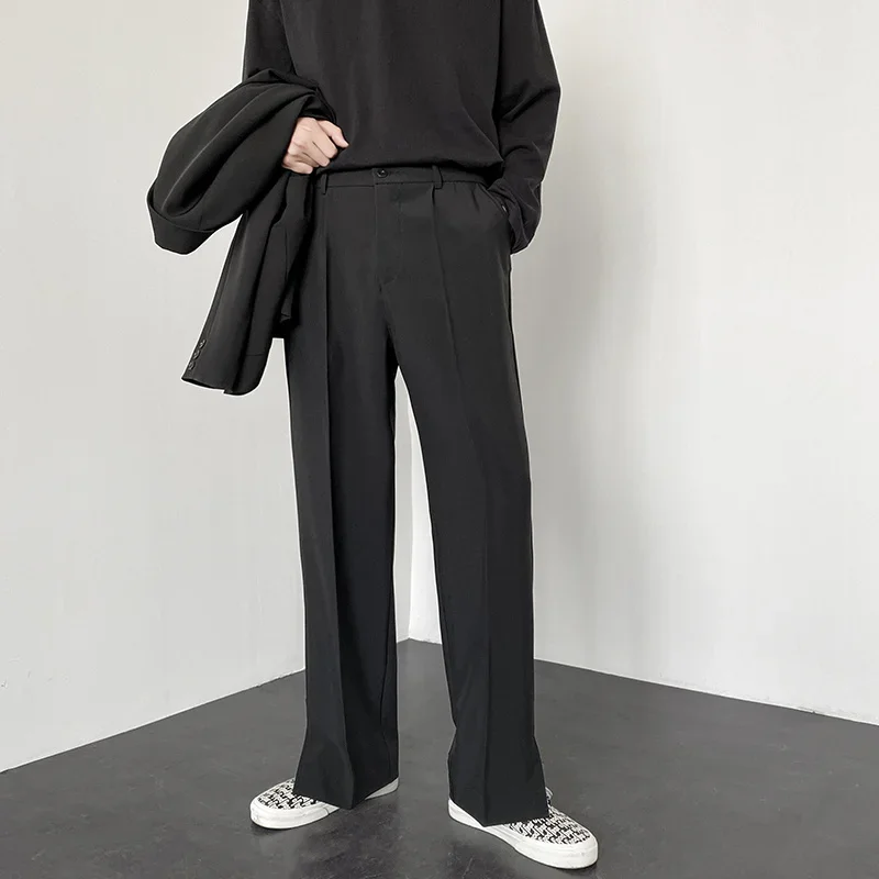 Men'S Fashion Khaki Pants - 韓国ファッション メンズ ストレート バギー スーツパンツ スプリットデザイン