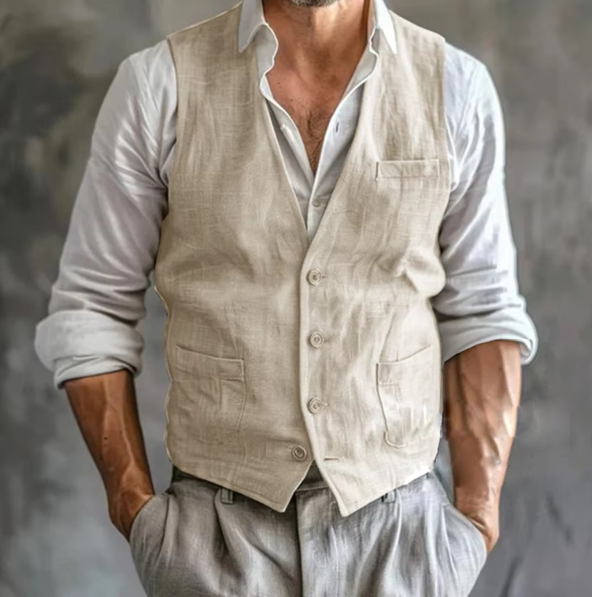 男性用ノースリーブリネンベスト,ポケット付き,通気性のあるサ - Formal Waistcoat Vest のレビューと価格