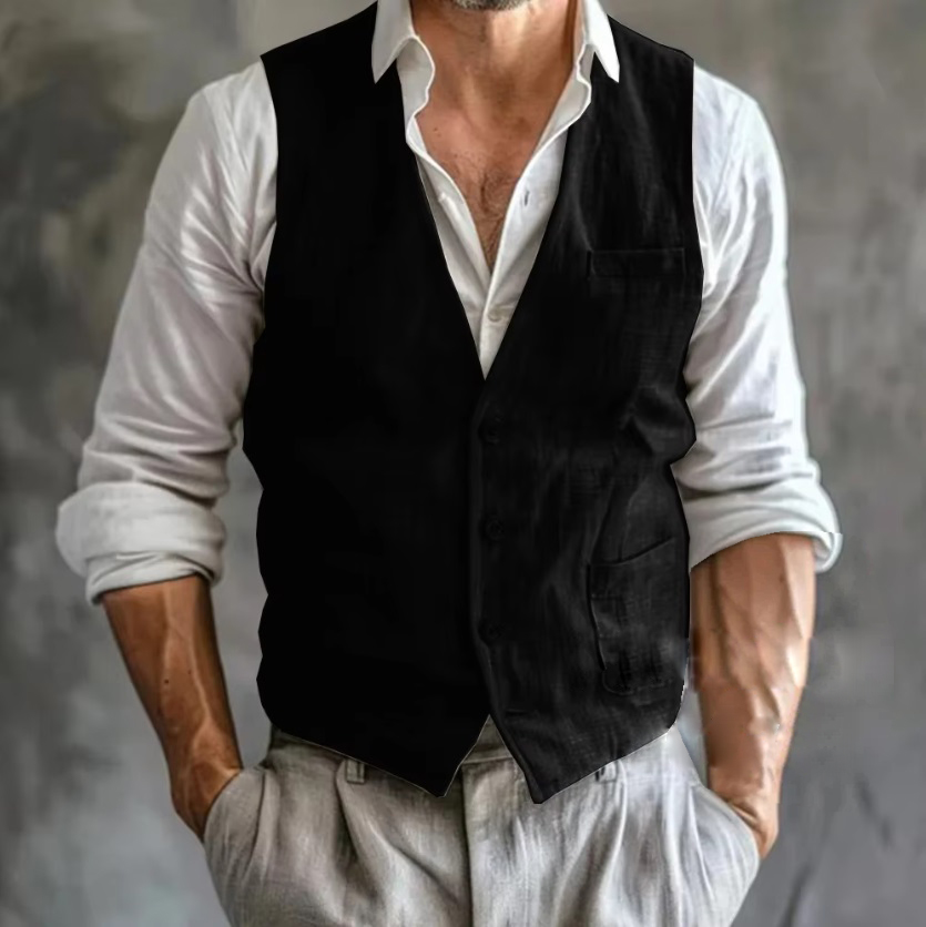 男性用ノースリーブリネンベスト,ポケット付き,通気性のあるサ - Formal Waistcoat Vest のレビューと価格