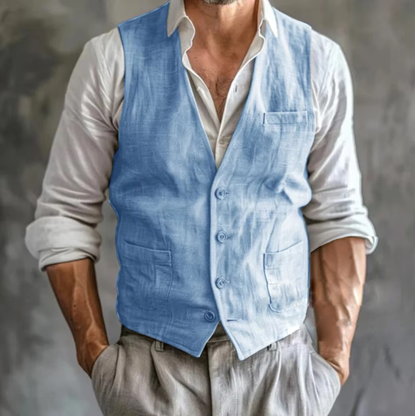 男性用ノースリーブリネンベスト,ポケット付き,通気性のあるサ - Formal Waistcoat Vest のレビューと価格