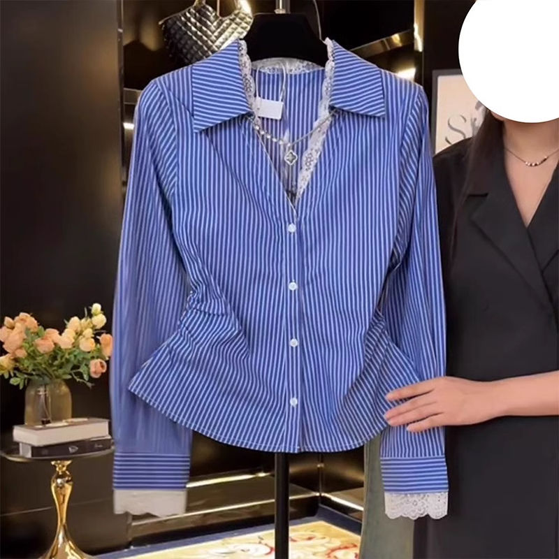 エレガントなレースのパッチワークプリーツスリムブラウス春秋ポ - Polo Shirt Slim のレビューと価格