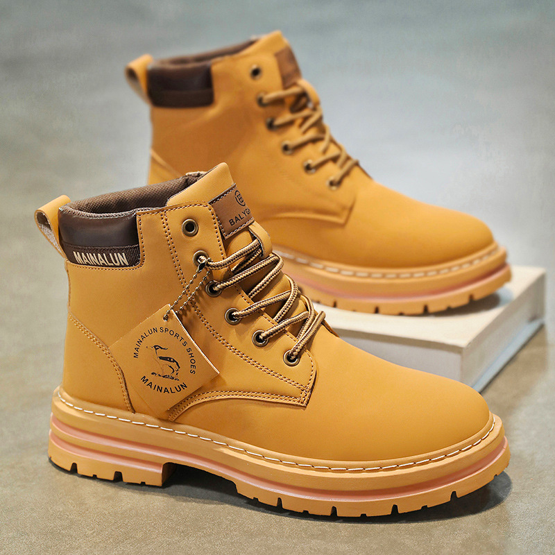 クラシックメンズハイカットブーツ高品質イエローレザーブーツフ - Yellow Men'S Fashion のレビューと価格