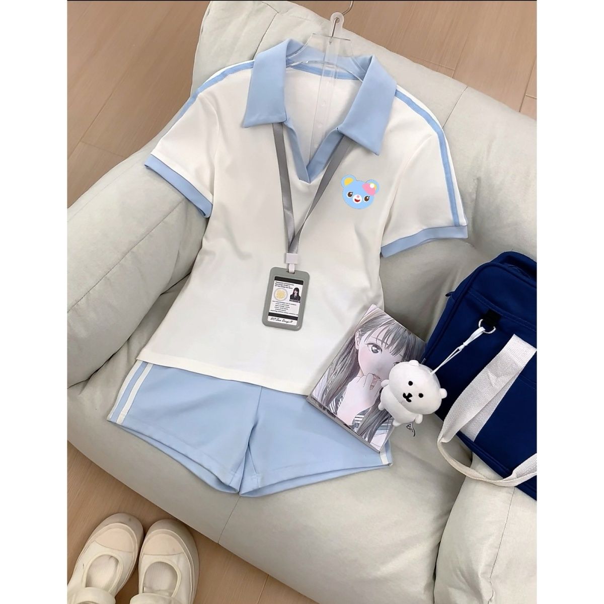 和菓子アカデミースタイルポロシャツ女性ライトブルー白コントラ - Polo Shirt Slim のレビューと価格