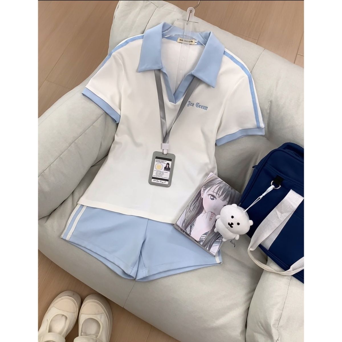 和菓子アカデミースタイルポロシャツ女性ライトブルー白コントラ - Polo Shirt Slim のレビューと価格