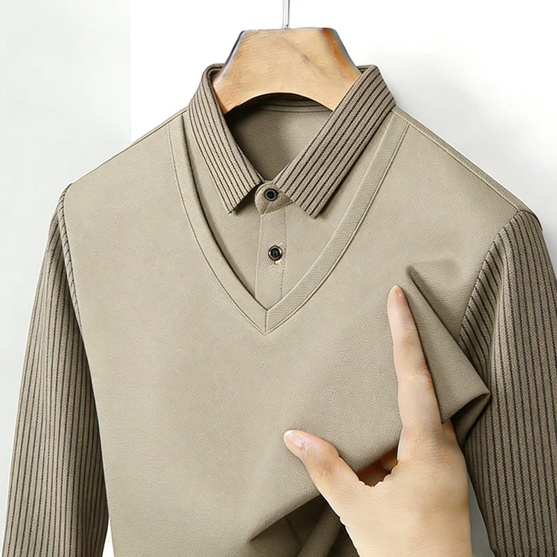 メンズフェイクツーピースシャツ襟 V ネック長袖トップカーキ - Mens Fashion Wear のレビューと価格