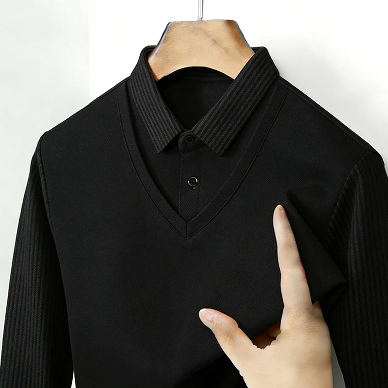 メンズフェイクツーピースシャツ襟 V ネック長袖トップカーキ - Mens Fashion Wear のレビューと価格