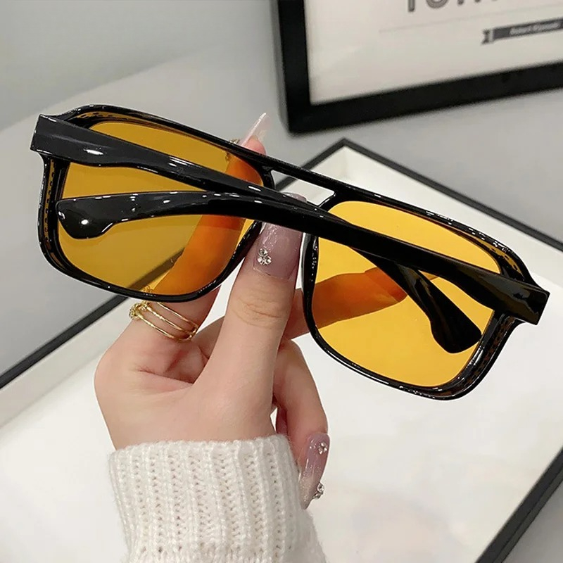 スクエアダブルブリッジサングラス女性レトロシェード UV40 - Yellow Men'S Fashion のレビューと価格