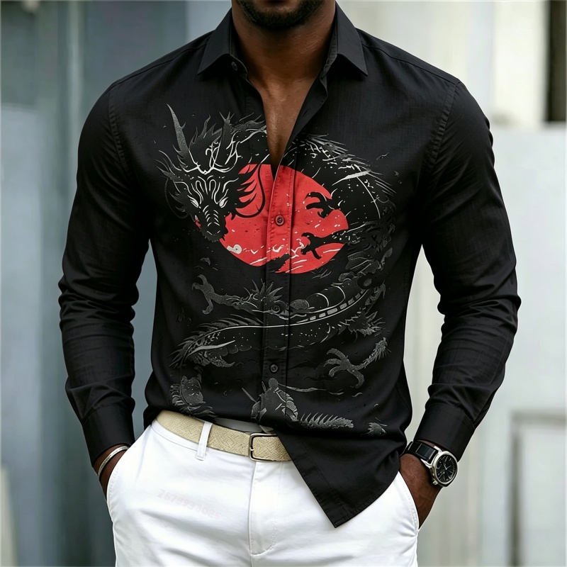 2026年新作 メンズシャツ 白黒赤のコントラスト ドラゴン - Fashion Mens Shirt のレビューと価格