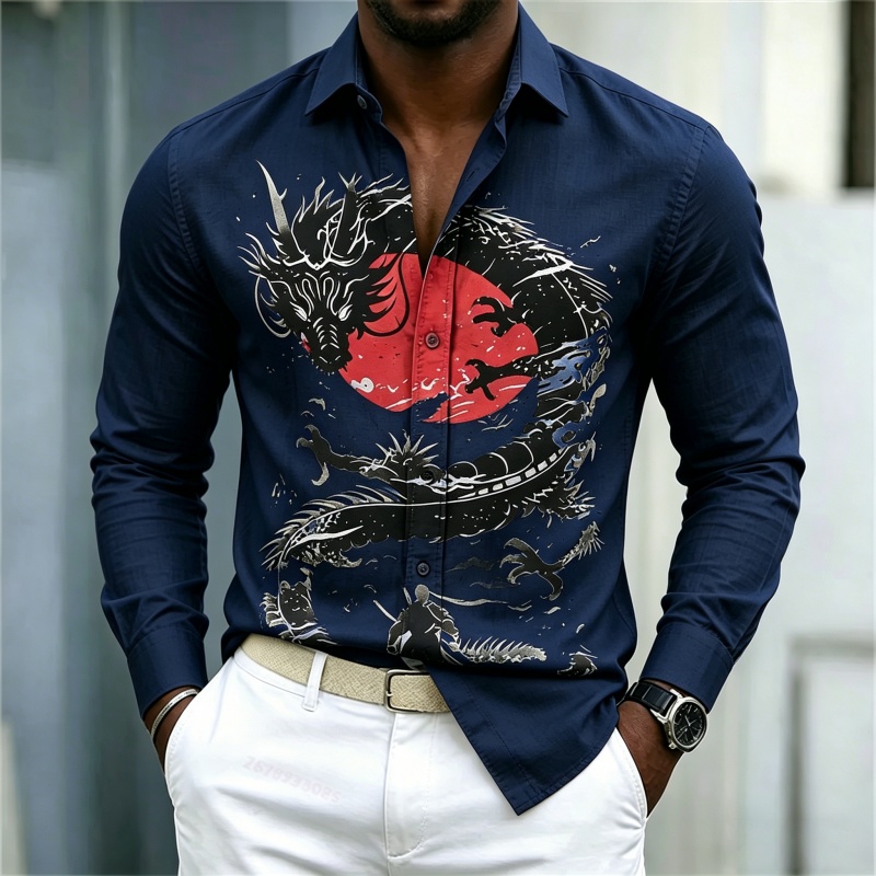 2026年新作 メンズシャツ 白黒赤のコントラスト ドラゴン - Fashion Mens Shirt のレビューと価格