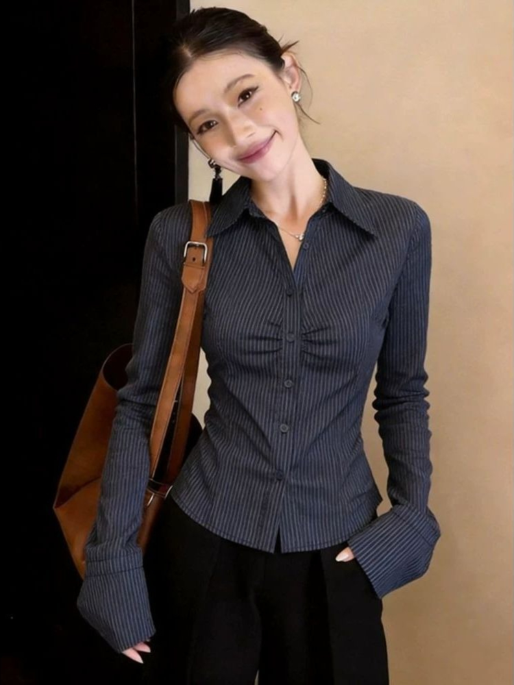 ネイビーブルーストライプ長袖ブラウス女性 2026 春韓国ス - Polo Shirt Slim のレビューと価格