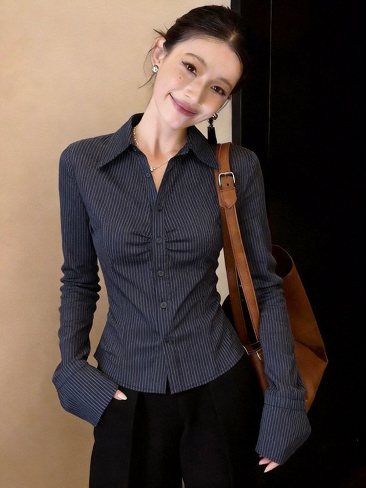 ネイビーブルーストライプ長袖ブラウス女性 2026 春韓国ス - Polo Shirt Slim のレビューと価格