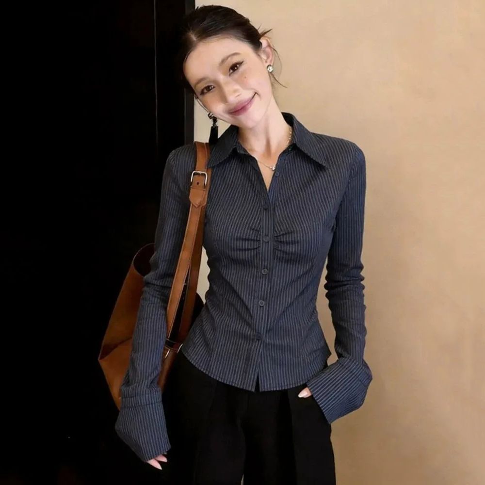 ネイビーブルーストライプ長袖ブラウス女性 2026 春韓国ス - Polo Shirt Slim のレビューと価格