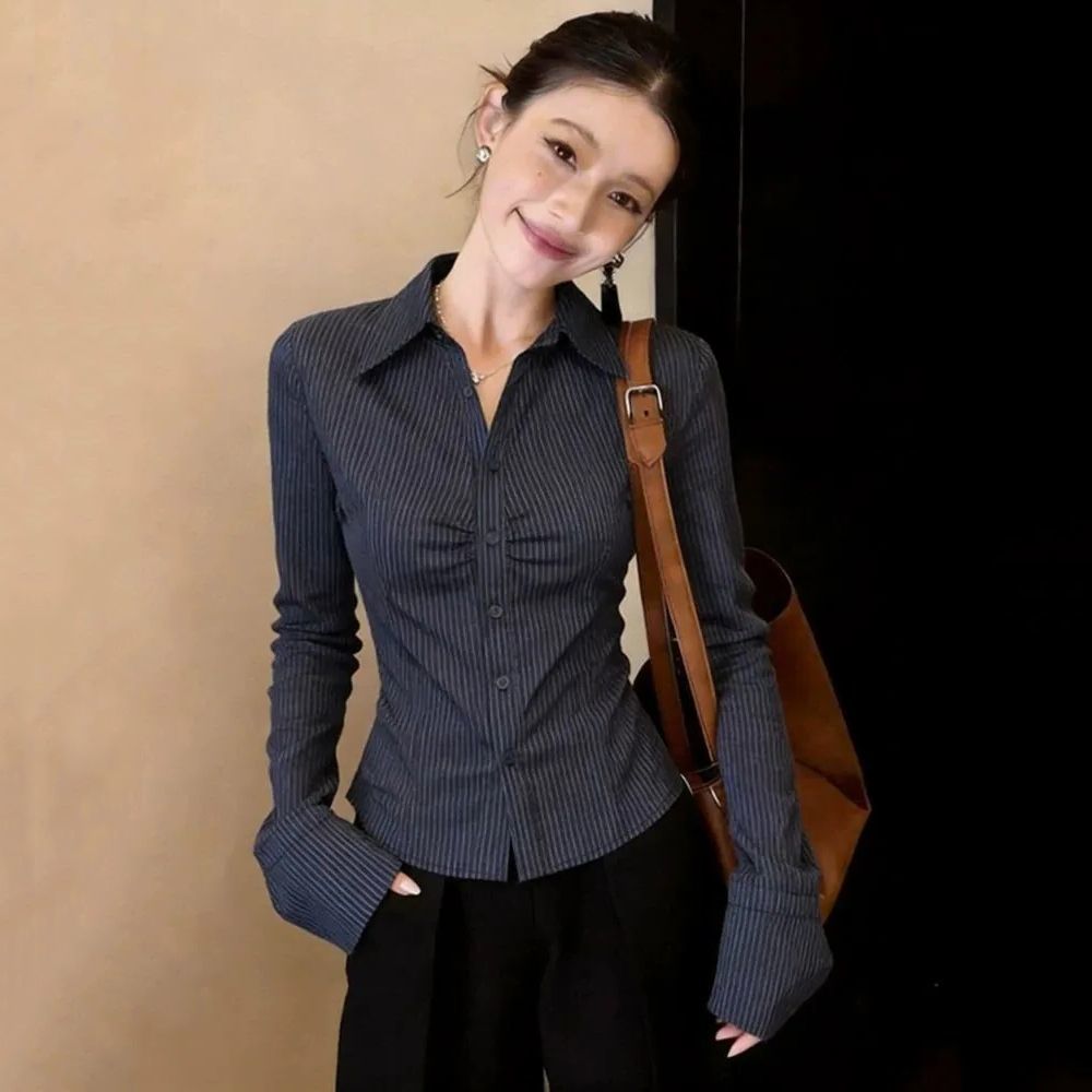 ネイビーブルーストライプ長袖ブラウス女性 2026 春韓国ス - Polo Shirt Slim のレビューと価格