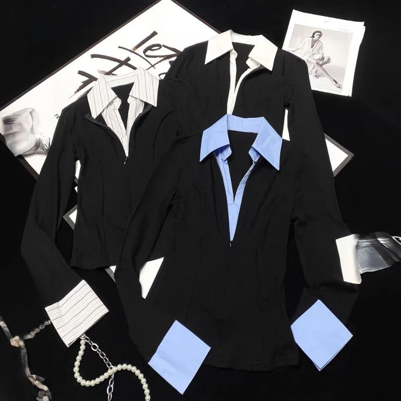 ポロネック偽 2 コントラストパッチワークオフィスシャツトッ - Polo Shirt Slim のレビューと価格
